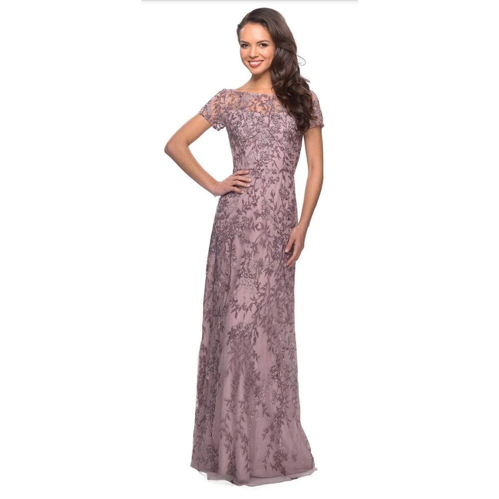 La Femme - 27956 Beaded Bateau Mother of the Bride Sheath Dress in Dusty Lilac S